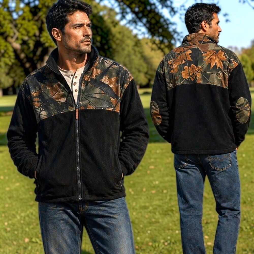 Rugged Trail Crest L Zip Hunter Fleece Jacket Black Camo Elbow Patches Outdoor